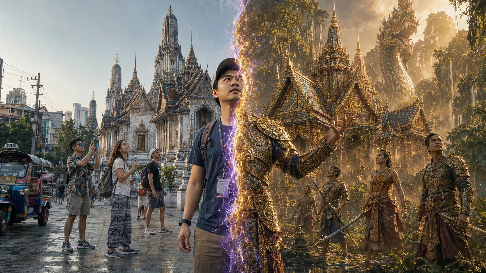 A Thai wat temple split by a magical fissure: tourists on the left, mythic golden jungle with a naga and Thai warriors on the right, a Game Master transforming at the center
