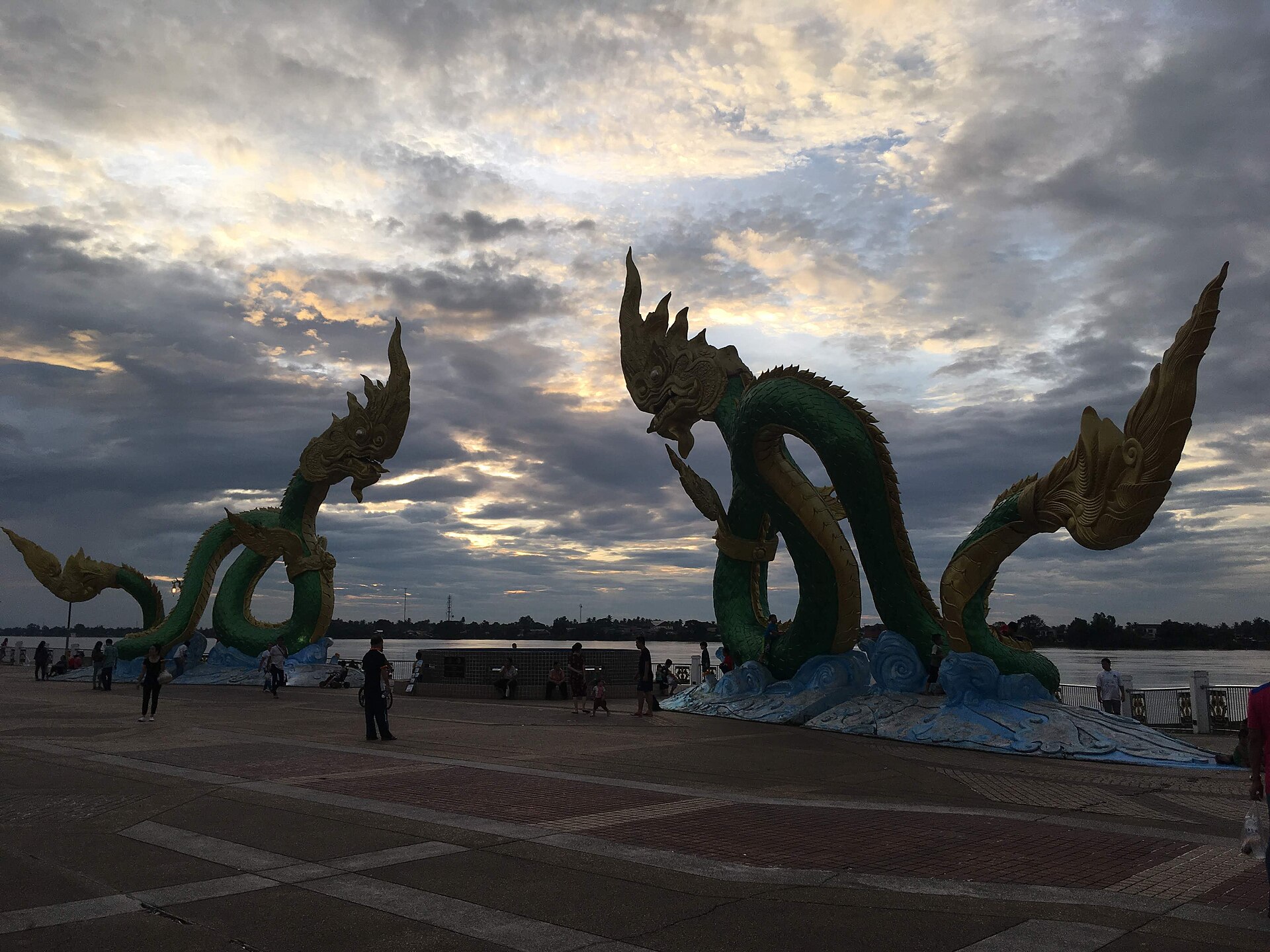 Naga statues rising along the Mekong at Nong Khai