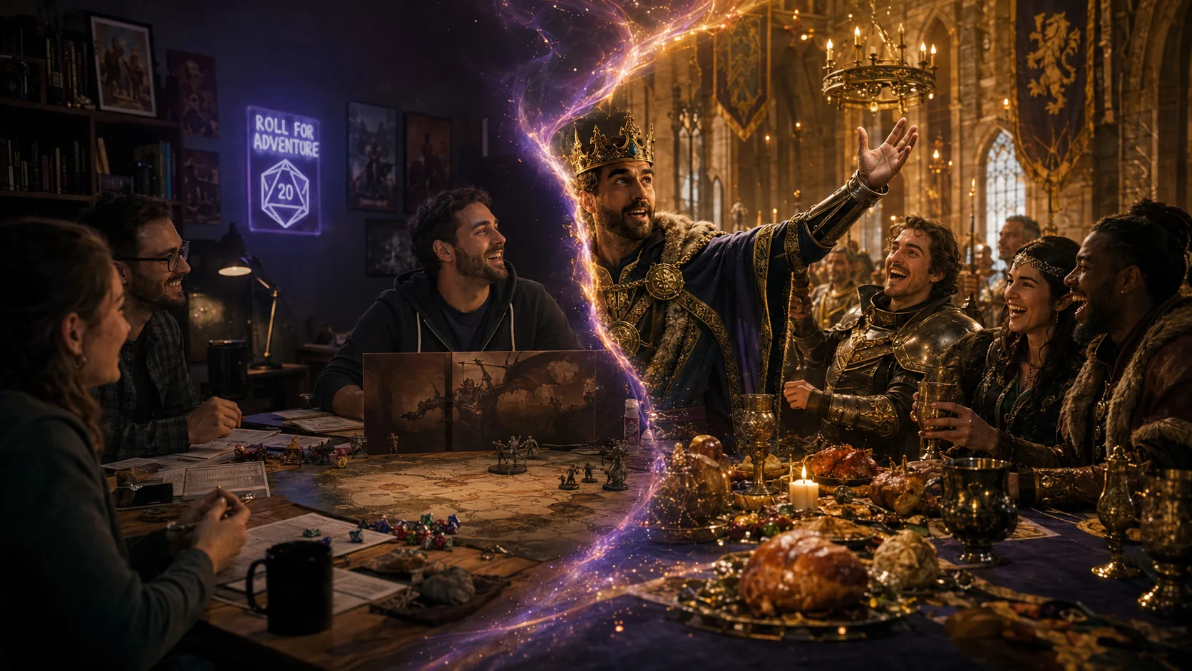 Two worlds joined at a diagonal seam: a tabletop game night becoming an epic fantasy feast