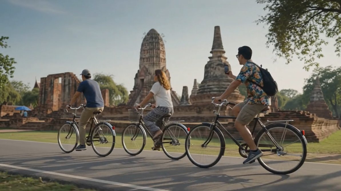 Cyclists riding through Ayutthaya