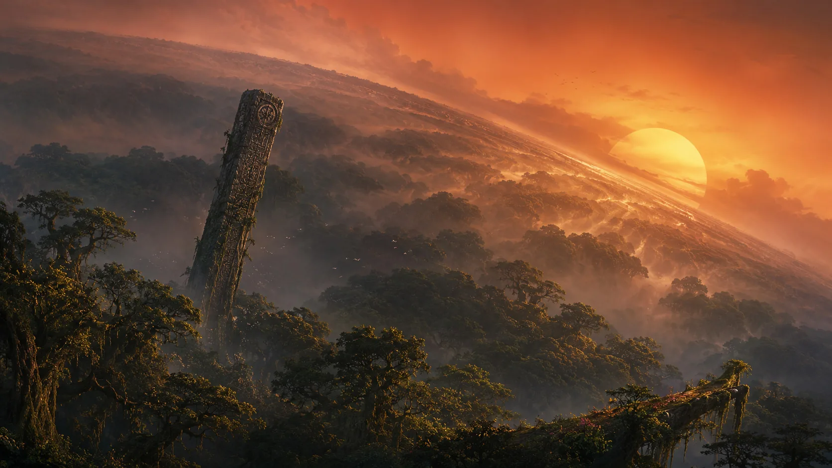 A vast misty forest bending toward a curved horizon with an ancient carved pillar and a molten orange setting sun